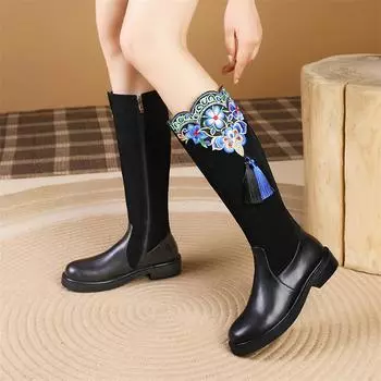 Meotina/женские сапоги до колена из натуральной кожи, высокие сапоги до колена с круглым носком на плоской подошве и застежкой-молнией с вышивкой и кисточками, женская модная обувь, зимняя обувь 43