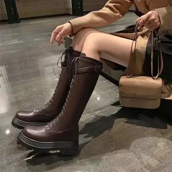 Meotina/женские сапоги до колена из натуральной кожи, женские сапоги до колена с круглым носком, на толстом высоком каблуке, на шнуровке, на молнии, женская модная зимняя обувь 34 чёрный