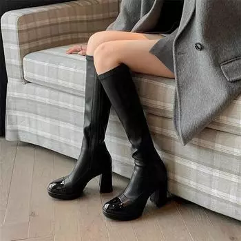 Meotina/женские сапоги до колена из натуральной кожи, ботинки Gogo на толстом высоком каблуке с круглым носком и молнией, женская модная обувь, зимняя черная обувь 34 чёрный