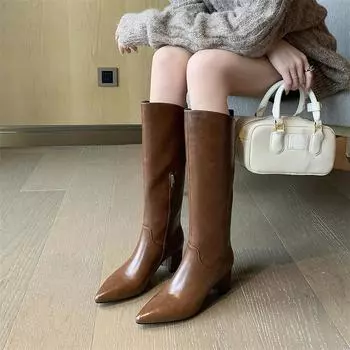 Meotina/женские сапоги до колена из натуральной кожи, ботинки Gogo на толстом высоком каблуке с острым носком и молнией, женская модная обувь, зимняя обувь 40 34 чёрный