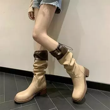 Meotina/женские сапоги до колена из натуральной кожи, женские сапоги до колена с круглым носком на толстом среднем каблуке, разноцветные сапоги Gogo, женская осенне-зимняя обувь 34 миндальный