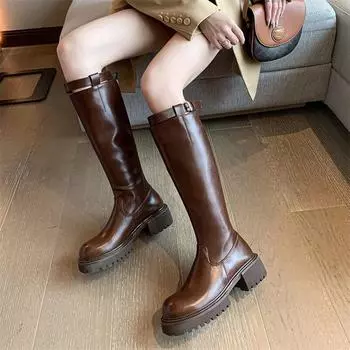 Meotina/женские сапоги до колена из натуральной кожи, ботинки Gogo с круглым носком на платформе, толстом среднем каблуке и пряжкой на молнии, зимняя женская обувь 34 чёрный