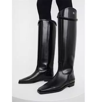 Meotina/женские сапоги до колена из натуральной кожи, высокие сапоги на плоской подошве с квадратным носком, лаконичный дизайн, женские модные туфли, зимняя черная обувь, 42 34 чёрный