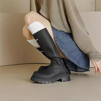 Meotina/женские сапоги до колена из натуральной кожи, ботинки Gogo на платформе с круглым носком, на толстом высоком каблуке, женская модная обувь, зимняя обувь 40 34 миндальный