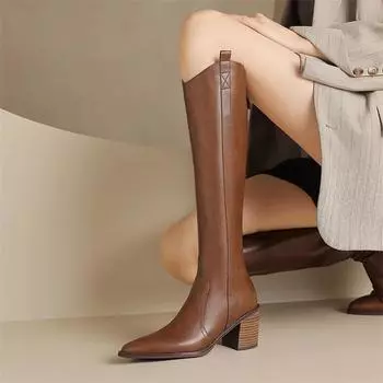 Meotina/женские сапоги до колена из натуральной кожи в стиле ковбойши, сапоги в стиле Western Gogo с острым носком, на толстом высоком каблуке и молнии, женская обувь, зимняя обувь 34 чёрный