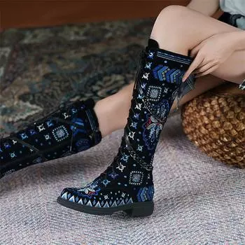 Meotina/женские сапоги до колена из натуральной кожи, высокие сапоги до колена с круглым носком на плоской подошве, высокие сапоги на молнии с вышивкой и цепочкой, женская обувь, зимняя обувь 40 34 чёрный