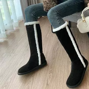 Meotina/женские сапоги до колена из натуральной кожи, зимние сапоги из коровьей замши на плоской подошве с круглым носком, женская модная обувь, зимняя коричневая обувь 34 коричневый