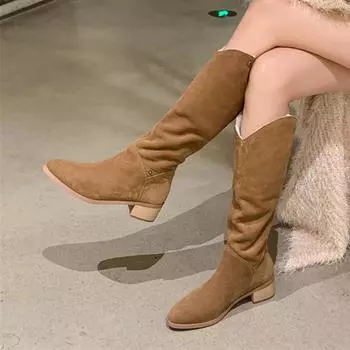 Meotina/женские сапоги до колена из натуральной кожи, ковбойские сапоги в западном стиле с круглым носком на толстом среднем каблуке, женская модная обувь, зимняя обувь 40 34 чёрный