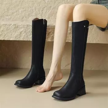 Meotina/женские сапоги до колена из натуральной кожи в стиле «ковбоя» с квадратным носком на толстом высоком каблуке и застежкой-молнией, ковбойские сапоги Gogo в западном стиле, женская обувь, зимняя обувь