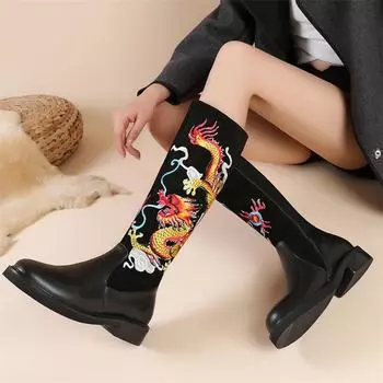 Meotina/женские сапоги до колена из натуральной кожи, ботинки Gogo с круглым носком, на среднем каблуке и молнией с вышивкой, женская обувь, зимняя обувь 43