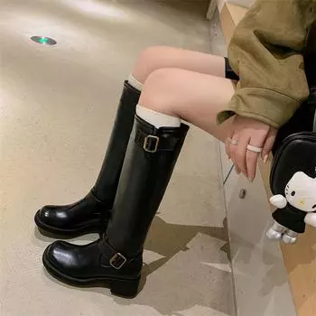 Meotina/женские сапоги до колена из натуральной кожи, ботинки Gogo с круглым носком на толстом среднем каблуке и пряжкой на молнии, женская модная зимняя обувь