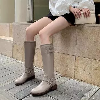 Meotina/женские сапоги до колена из натуральной кожи, длинные ботинки на плоской подошве с круглым носком и пряжкой, лаконичная женская модная обувь, зимняя черная, серая 42