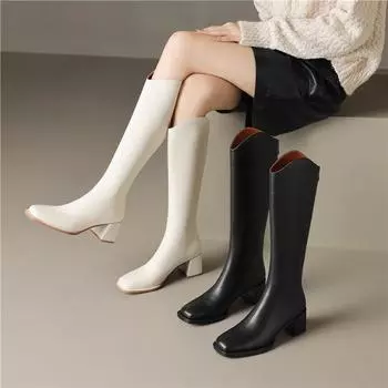 Meotina/женские сапоги до колена из натуральной кожи, длинные ботинки в западном стиле на толстом высоком каблуке с квадратным носком и молнией, женская обувь, осень-зима 40 34 бежевый