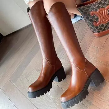 Meotina/женские сапоги до колена из натуральной кожи, длинные сапоги в стиле вестерн с круглым носком, на толстом высоком каблуке и платформе, на молнии, женская обувь, зимняя обувь