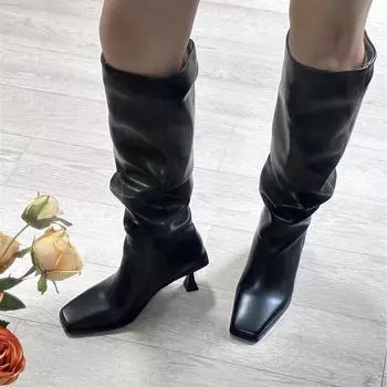 Meotina/женские сапоги до колена из натуральной кожи с квадратным носком, плиссированные длинные ботинки на тонком высоком каблуке, женская модная обувь, осень-зима 43 34 чёрный