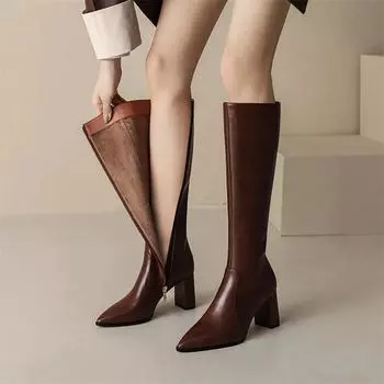 Meotina/женские сапоги до колена из натуральной кожи с острым носком, на высоком каблуке, на молнии, женские модные ботинки, зимняя коричневая обувь