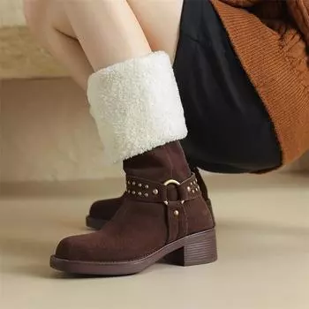 Meotina/женские сапоги до колена из натуральной кожи, сапоги до колена с круглым носком на толстом среднем каблуке и заклепками, меховые сапоги Gogo, женская модная зимняя обувь