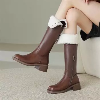 Meotina/женские сапоги до колена из натуральной кожи, сапоги Gogo на толстом среднем каблуке с круглым носком и молнией, женская модная зимняя обувь
