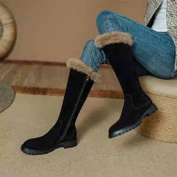 Meotina/женские сапоги до колена из натуральной кожи, высокие сапоги из коровьей замши с круглым носком на плоской подошве и молнией, женская модная обувь, зимняя черная обувь, 40 34 верблюд