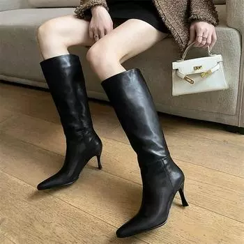 Meotina/женские сапоги до колена из натуральной кожи, высокие сапоги с квадратным носком на тонком высоком каблуке, лаконичная женская модная обувь, зимняя черная обувь, 40 34 чёрный
