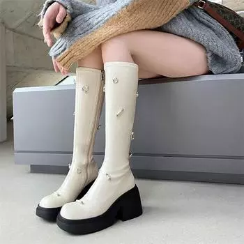 Meotina/женские сапоги до колена, с круглым носком, на платформе, на толстом высоком каблуке, на молнии, с металлическими украшениями, высокие сапоги, женская обувь, осень-зима 33 бежевый