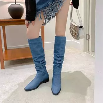 Meotina/женские сапоги до колена, с круглым носком на плоской подошве, плиссированные высокие сапоги, лаконичная женская модная повседневная обувь, осень-зима, светло-голубые 46