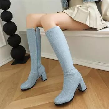 Meotina/женские сапоги до колена с круглым носком на толстом высоком каблуке на молнии, ботинки Gogo, лаконичная женская модная обувь, зимняя, синяя, черная, 46 33 чёрный