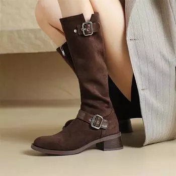 Meotina/женские сапоги до колена с круглым носком на среднем каблуке, на молнии с пряжкой, ботинки Gogo, женская модная обувь, осенне-зимняя обувь коричневого цвета 43 33 чёрный