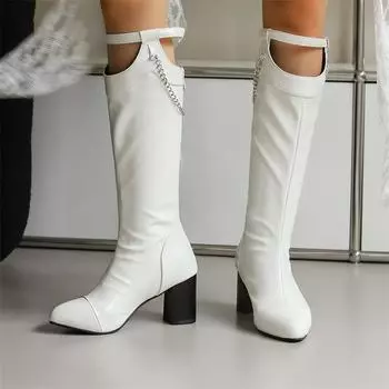 Meotina Женские сапоги до колена с круглым носком на толстом высоком каблуке с пряжкой-цепочкой и молнией, длинные сапоги, женская модная обувь, осень-зима 46 34 белый