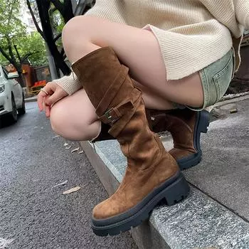 Meotina/женские сапоги до колена с круглым носком на платформе, шерстяные ботинки Gogo на толстом среднем каблуке с пряжкой и молнией, женская модная обувь, зимняя обувь 40 33 хаки