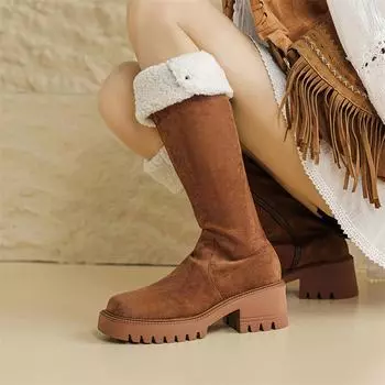 Meotina/женские сапоги до колена, с круглым носком, на толстом высоком каблуке, на молнии и с пряжкой, меховые сапоги Gogo, женская модная обувь, зимняя коричневая обувь 40