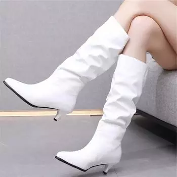 Meotina Женские сапоги до колена с острым носком на тонком среднем каблуке, длинные плиссированные сапоги, женская модная обувь, осень-зима, черный, белый, 46 34 белый