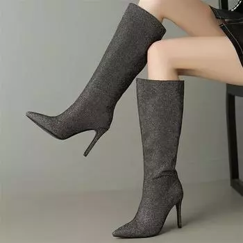 Meotina/женские сапоги до колена с острым носком, блестящие ботинки на тонком высоком каблуке со стразами, женская модная обувь, осенне-зимняя обувь серебристого цвета 43 33 золотой
