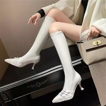 Meotina/женские сапоги до колена с острым носком, на тонком высоком каблуке, на молнии с пряжкой, длинные ботинки, женская модная обувь, осень-зима, черный, белый цвет