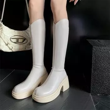 Meotina/женские сапоги до колена в ковбойском стиле, сапоги Gogo с круглым носком, ковбойские ботинки в стиле вестерн на толстом высоком каблуке и молнии, женская модная обувь, зимняя обувь