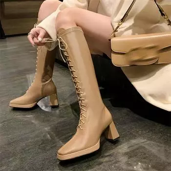 Meotina/женские сапоги до колена, высокие сапоги на платформе и квадратном носке, высокие сапоги на высоком каблуке со шнуровкой, женская модная обувь, осенне-зимняя обувь абрикосового цвета