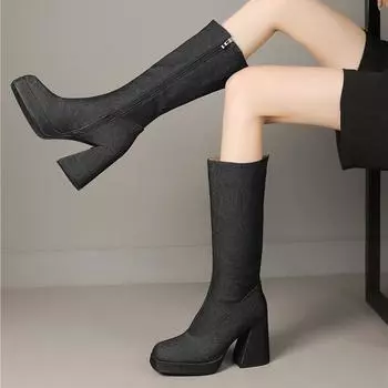 Meotina/женские сапоги до середины икры, джинсовые ботинки на платформе и толстом высоком каблуке с квадратным носком, на молнии, женская модная обувь, осенне-зимняя обувь черного цвета 43 33 небесно-голубой