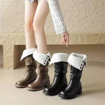 Meotina/женские сапоги до середины икры из натуральной кожи, с круглым носком, на среднем каблуке, на меху, в сдержанном стиле, женская модная обувь, зимняя обувь черного цвета, цвета хаки, 40 34 чёрный