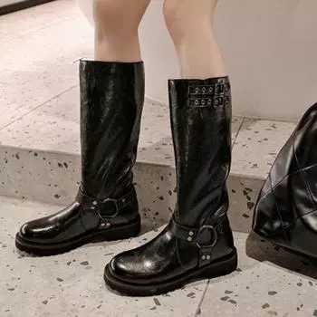 Meotina/женские сапоги до середины икры из натуральной кожи, с круглым носком, с плоской пряжкой, металлическими украшениями, лаконичная женская модная обувь, зимняя черная обувь 40 34 чёрный