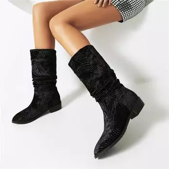 Meotina/женские сапоги до середины икры с круглым носком, на толстом низком каблуке, со складками и кристаллами, в сдержанном фирменном дизайне, женская модная обувь, зимняя черная обувь 46 33 чёрный