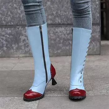 Meotina/женские сапоги до середины икры с круглым носком, странный стиль, на высоком каблуке, на молнии, разноцветные, с металлическими украшениями, женская модная зимняя обувь 33 зелёный