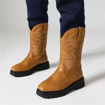 Meotina/женские сапоги до середины икры с круглым носком на толстом среднем каблуке и платформе с вышивкой, ковбойские сапоги в стиле вестерн, женская модная обувь, зима 46 38 жёлтый