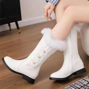 Meotina/женские сапоги до середины икры, с круглым носком на меху, на плоской подошве, с заклепками, на молнии с кристаллами, лаконичная женская модная обувь, зимняя обувь черного, белого, розового цвета 43 33 белый