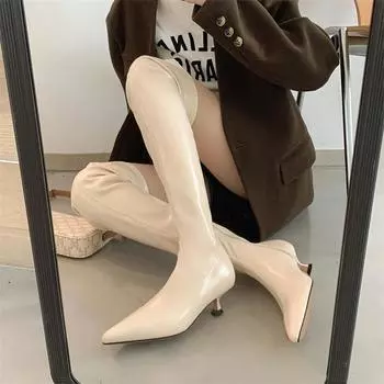 Meotina/женские сапоги выше колена, эластичные длинные сапоги на тонком среднем каблуке с острым носком и застежкой-молнией, женская модная обувь, осенне-зимняя обувь бежевого цвета, 40 33 чёрный