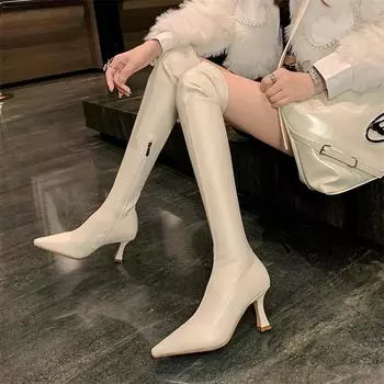 Meotina, женские сапоги выше колена, эластичные длинные сапоги на тонком высоком каблуке с острым носком, на молнии, женская модная обувь, зимняя обувь, бежево-коричневый цвет, 40 33 чёрный