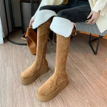 Meotina/женские сапоги выше колена с круглым носком, на плоской платформе, на высоком каблуке, с пряжкой и молнией, длинные ботинки, женская модная обувь, зимняя абрикосовая обувь 34 миндальный