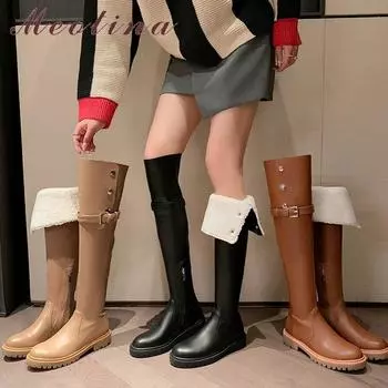 Meotina/женские сапоги выше колена, с круглым носком, на плоской подошве, с застежкой-молнией и пряжкой, высокие сапоги на платформе, женская модная обувь, зимняя абрикосово-коричневая обувь 40 34 миндальный