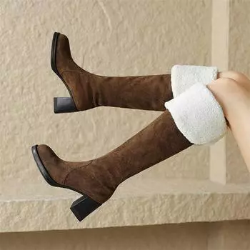 Meotina/женские сапоги выше колена, с круглым носком, на толстом высоком каблуке, высокие сапоги Gogo на меху, женская модная обувь, зимняя обувь черного цвета, цвета хаки, 40