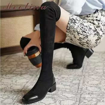 Meotina/женские сапоги выше колена с квадратным носком, длинные ботинки на толстом среднем каблуке, лаконичная женская модная обувь, осень-зима, коричневый, черный 43 33 чёрный