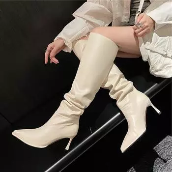 Meotina/женские сапоги выше колена, с острым носком, на тонком высоком каблуке, плиссированные длинные сапоги, женская модная обувь, зимняя обувь черного, бежевого, коричневого цвета